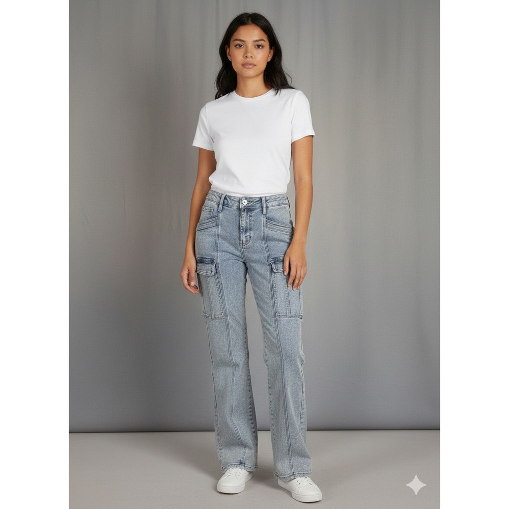 Risen Leigh Cargo Wide Leg Jeans Womens Acid Wash Pants Size 5/27